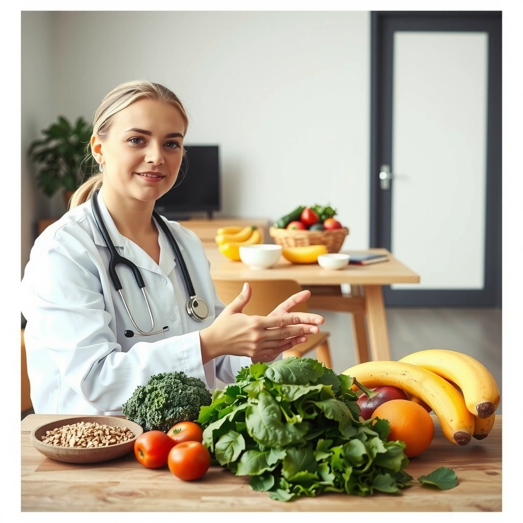Fresh healthy food ingredients and nutritionist consultation